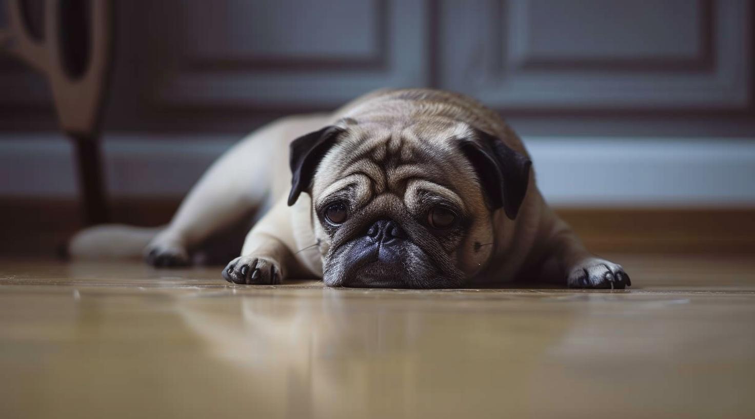 Ängstlicher Hund liegt flach auf dem Boden