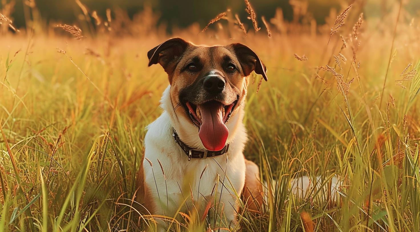 Hund liegt im hohen Gras