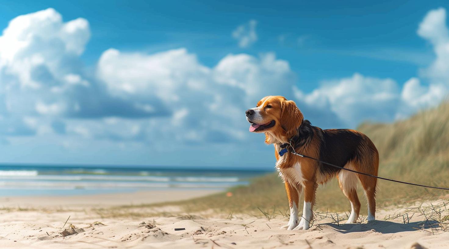 Hund mit Geschirr und Leine am Strand