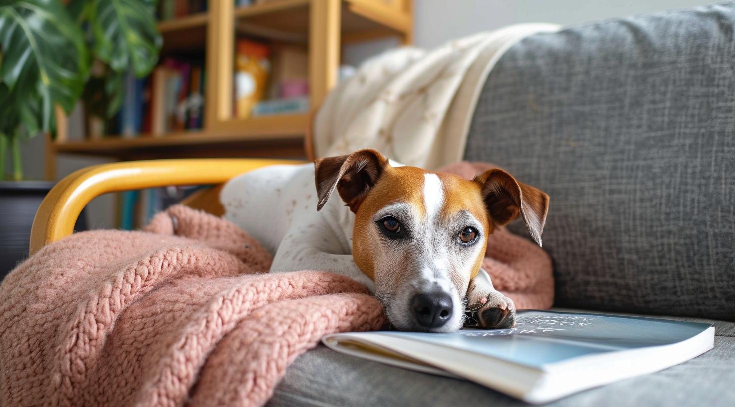 Hund liegt entspannt auf dem Sofa im neuen Zuhause
